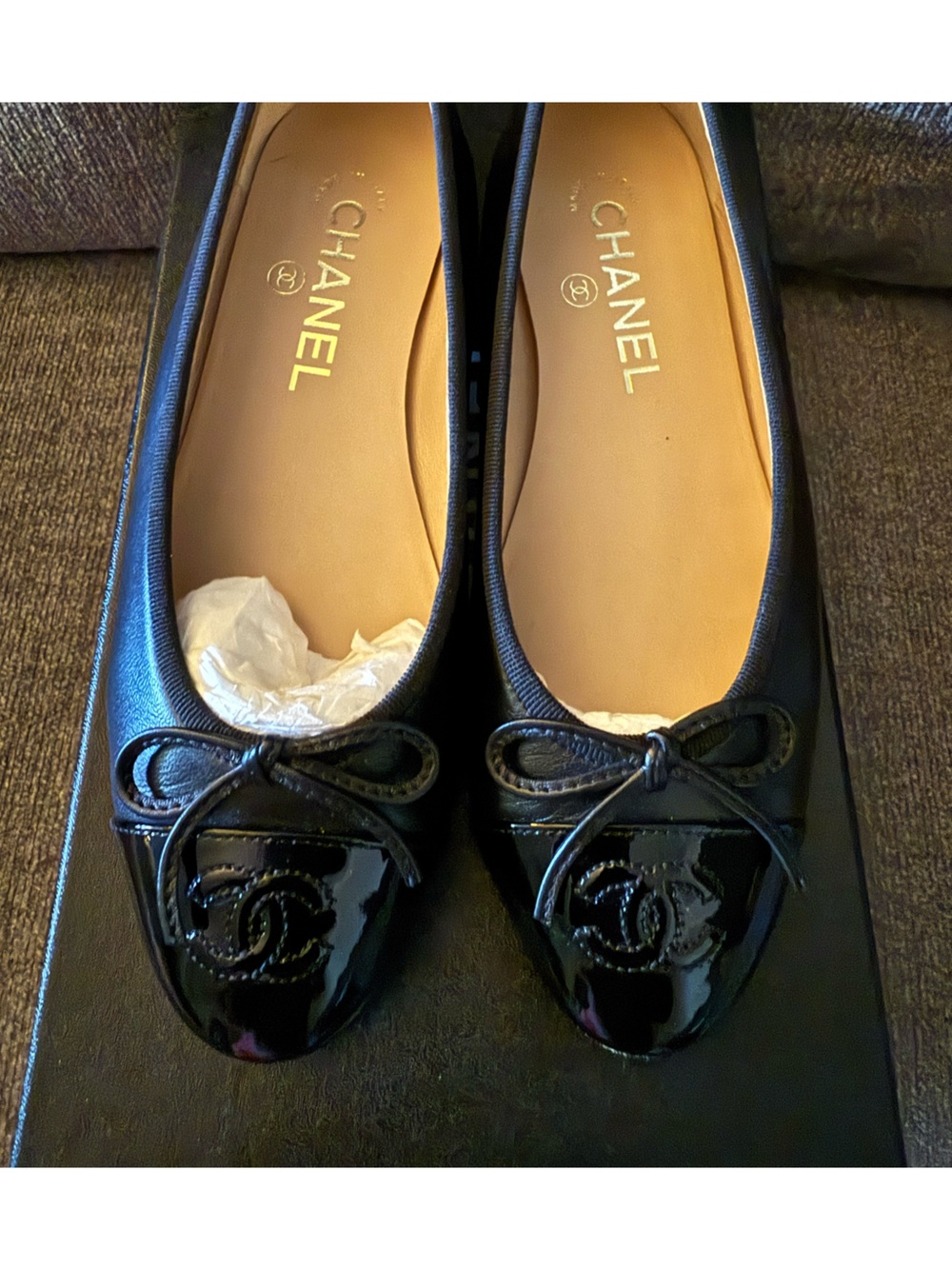 Chanel Classic Black Patent Cap-Toe Ballet Flats 36